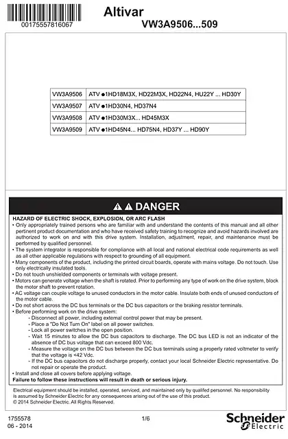 schneider施耐德Instruction sheet - Flange mounting kit_ VW3A9506 ...509